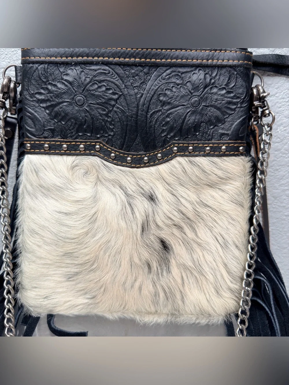Montana West  Cowhide Crossbody Fringe Purse in Black Leather